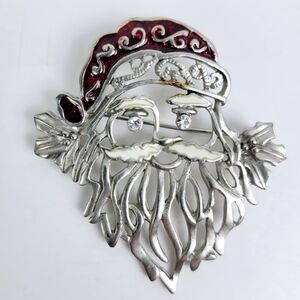Vtg Santa Claus Christmas Brooch Pin~Enameled Red Cap Rhinestone Eyes